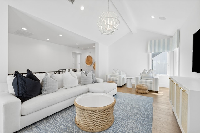 living area featuring visible vents, lofted ceiling with beams, recessed lighting, light wood-style floors, and a notable chandelier