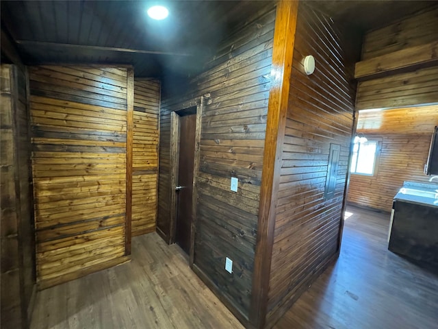 hallway featuring wooden walls and wood finished floors