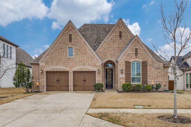 view of front of house featuring brick siding, roof with shingles, and concrete driveway