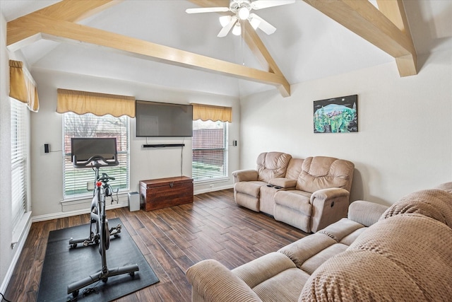 living area with baseboards, beamed ceiling, wood finished floors, high vaulted ceiling, and a ceiling fan