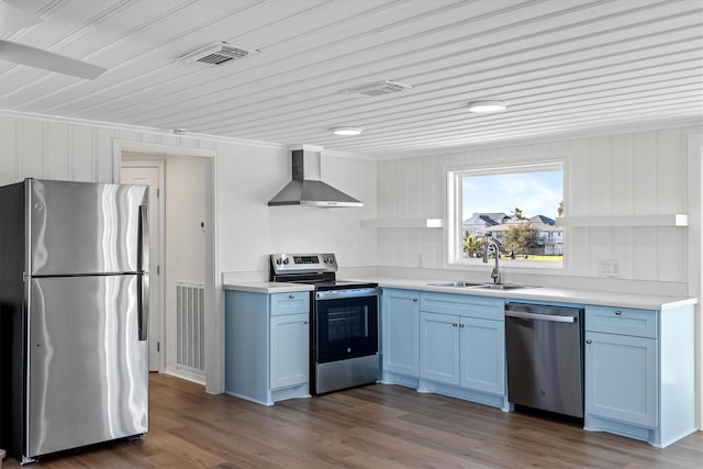 kitchen with visible vents, wall chimney range hood, wood finished floors, stainless steel appliances, and a sink