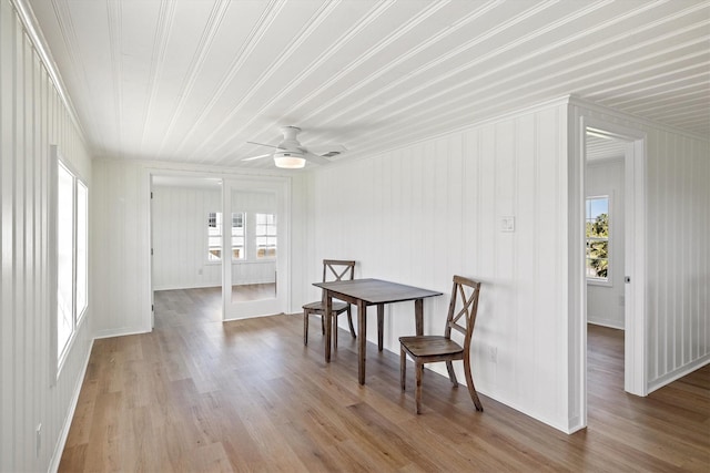 dining space featuring plenty of natural light, light wood-style floors, and ceiling fan