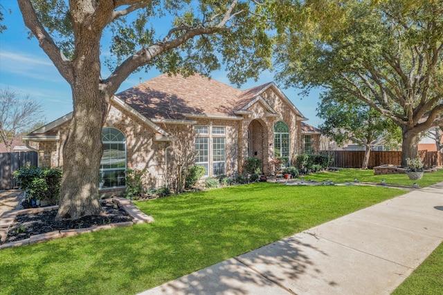 english style home with brick siding, a front lawn, and fence