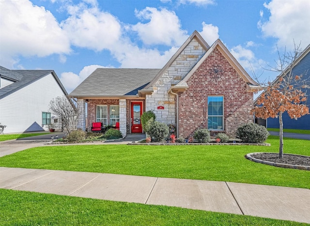 view of front of house featuring a front lawn, brick siding, and stone siding