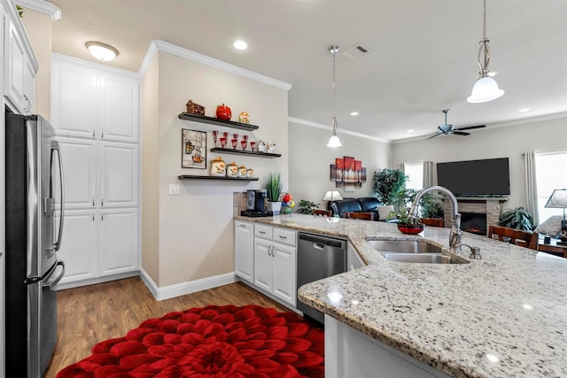 kitchen with a sink, a warm lit fireplace, wood finished floors, appliances with stainless steel finishes, and crown molding