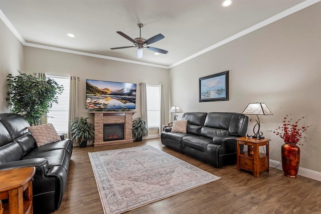 living room with dark wood finished floors, crown molding, a healthy amount of sunlight, and baseboards