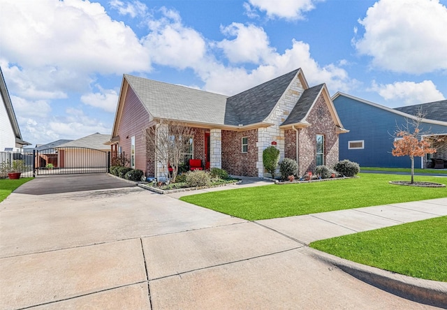 view of front of home with a front yard, a gate, fence, and brick siding