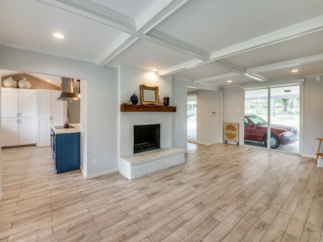 1253 Willow Glen Dr, Dallas, TX 75232 - living area featuring light wood-type flooring, a fireplace with raised hearth, coffered ceiling, and beamed ceiling