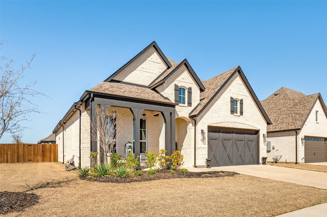 french provincial home with a porch, brick siding, concrete driveway, an attached garage, and fence