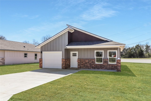 view of front of home with driveway, a front lawn, board and batten siding, a garage, and brick siding