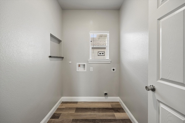 laundry room with wood finished floors, baseboards, hookup for an electric dryer, hookup for a washing machine, and laundry area