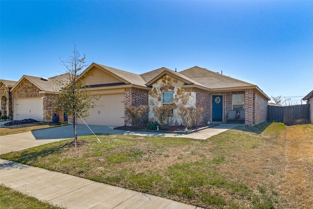 single story home featuring a front lawn, stone siding, concrete driveway, a garage, and brick siding