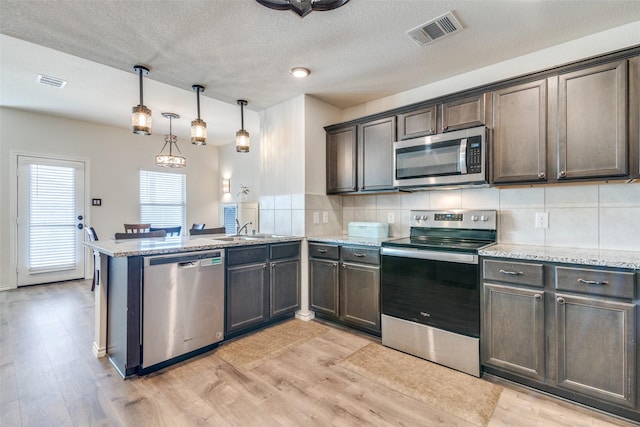 kitchen with visible vents, a peninsula, a sink, stainless steel appliances, and tasteful backsplash