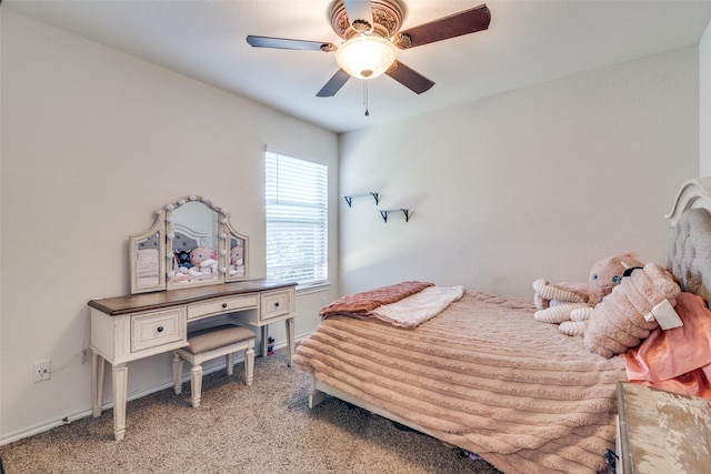 bedroom with light carpet, baseboards, and ceiling fan