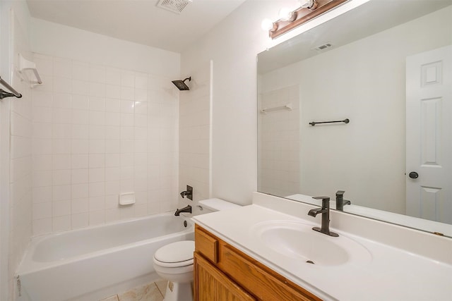 full bath featuring visible vents, vanity, toilet, and shower / bathtub combination