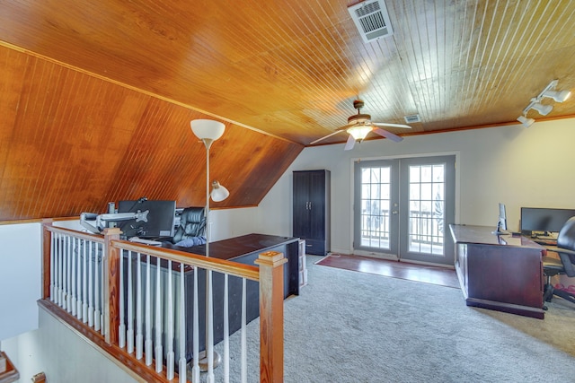 carpeted home office with visible vents, wooden ceiling, lofted ceiling, and french doors