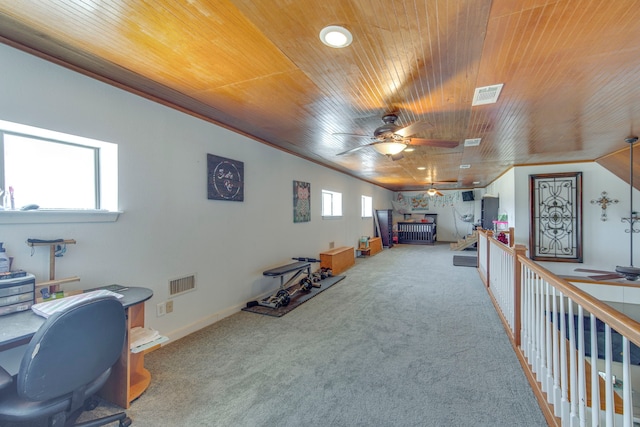 home office featuring light carpet, visible vents, wooden ceiling, and ornamental molding