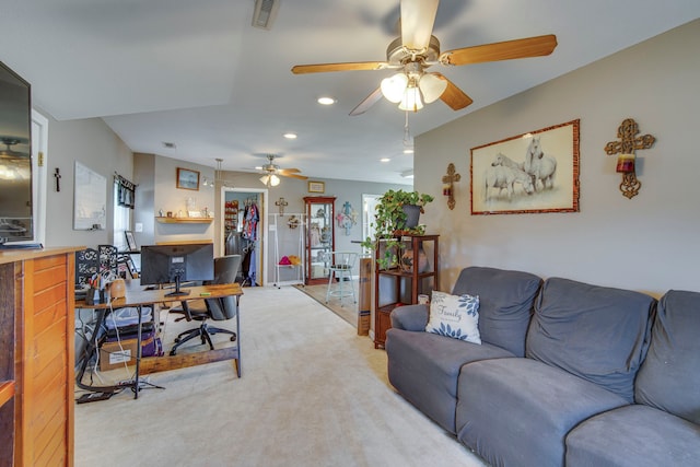 carpeted living room with recessed lighting, visible vents, and a ceiling fan