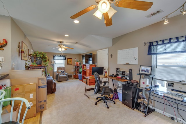 carpeted office space featuring recessed lighting, visible vents, and ceiling fan