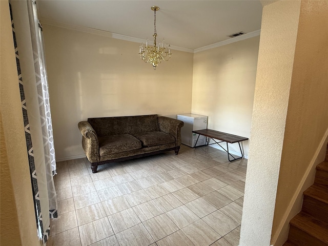 sitting room featuring stairs, baseboards, visible vents, and ornamental molding