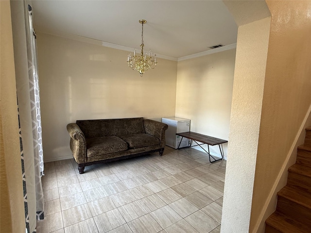 sitting room featuring baseboards, visible vents, an inviting chandelier, ornamental molding, and stairs