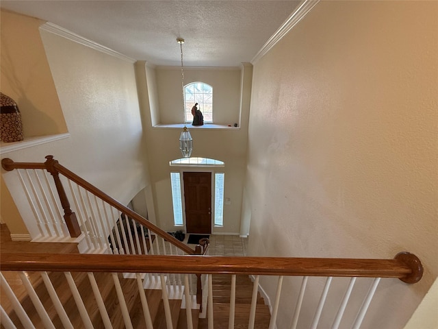 stairs featuring a textured ceiling, wood finished floors, a textured wall, and ornamental molding