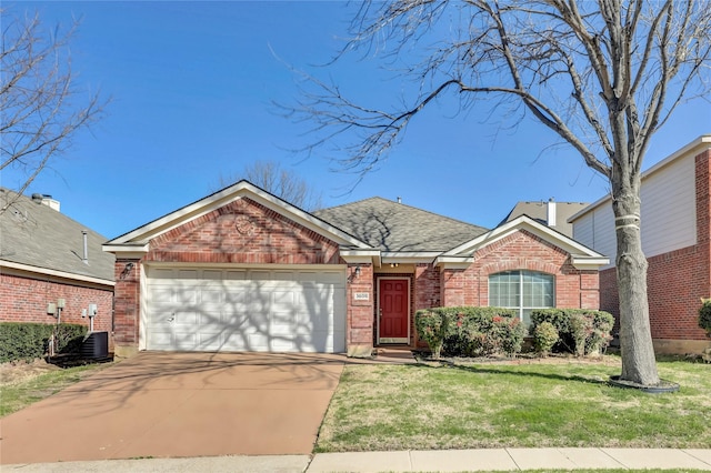 ranch-style house featuring a garage, a front lawn, brick siding, and driveway