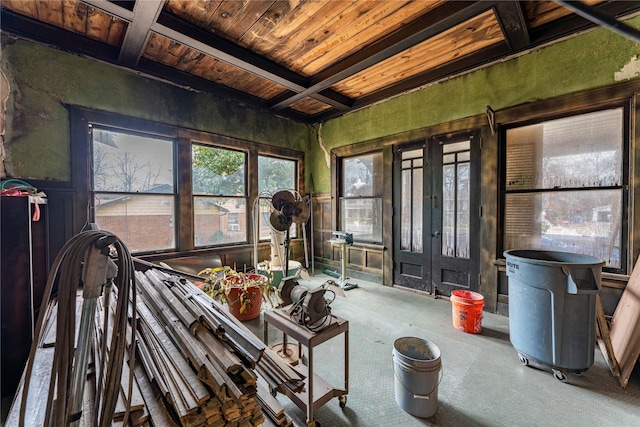 interior space with beamed ceiling, wood ceiling, and coffered ceiling