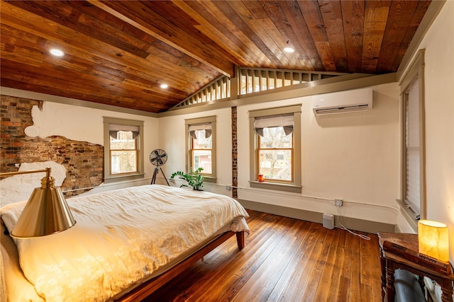 bedroom with wood ceiling, a wall mounted air conditioner, hardwood / wood-style floors, vaulted ceiling, and recessed lighting