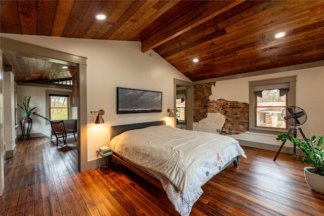 bedroom featuring baseboards, wood ceiling, lofted ceiling with beams, recessed lighting, and hardwood / wood-style flooring