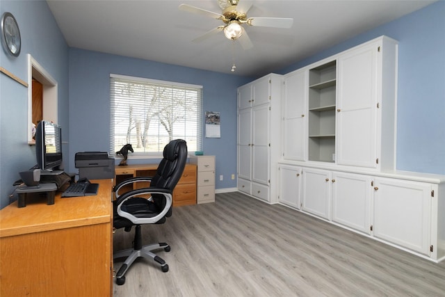 office space featuring light wood-type flooring and a ceiling fan