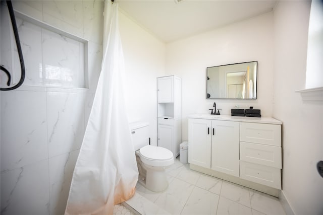 full bath with marble finish floor, curtained shower, toilet, and vanity