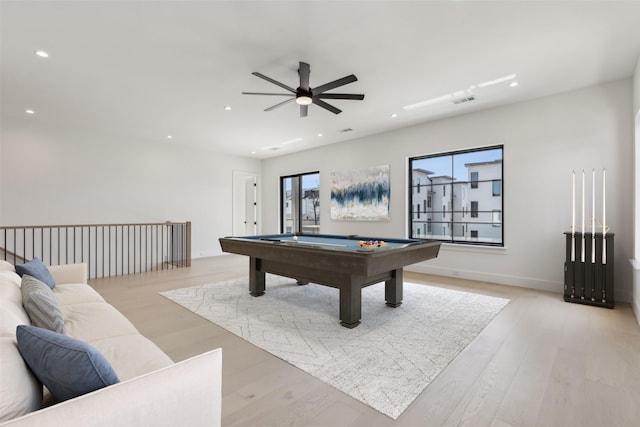 game room with recessed lighting, pool table, light wood-style floors, and ceiling fan