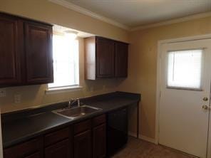 kitchen with ornamental molding, a sink, dark countertops, dark brown cabinetry, and dishwasher