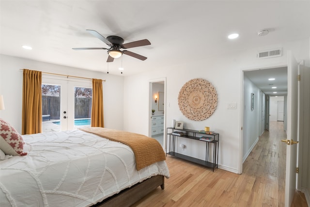 bedroom featuring visible vents, access to outside, recessed lighting, french doors, and light wood-style floors