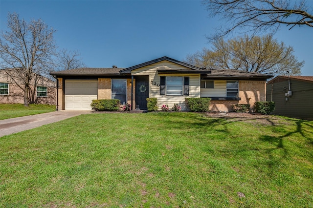 ranch-style home featuring a front yard, brick siding, an attached garage, and driveway