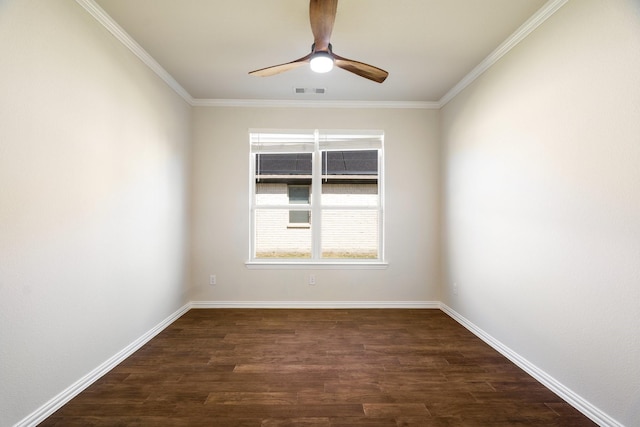 spare room featuring visible vents, baseboards, ceiling fan, and dark wood-style flooring