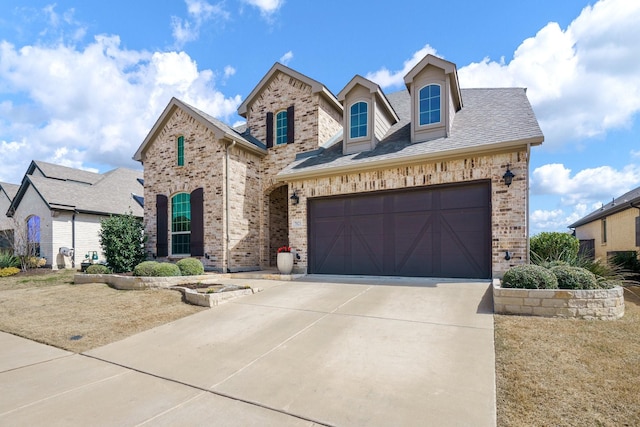 view of front facade with brick siding, an attached garage, concrete driveway, and a shingled roof