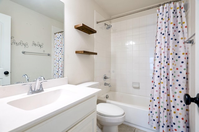 bathroom with tile patterned flooring, toilet, vanity, and shower / bath combination with curtain