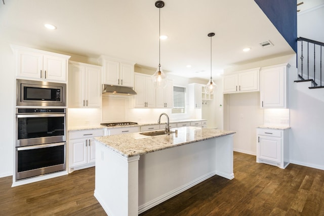 kitchen featuring visible vents, under cabinet range hood, dark wood finished floors, appliances with stainless steel finishes, and a sink