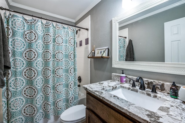 full bathroom featuring toilet, shower / tub combo with curtain, ornamental molding, a textured wall, and vanity