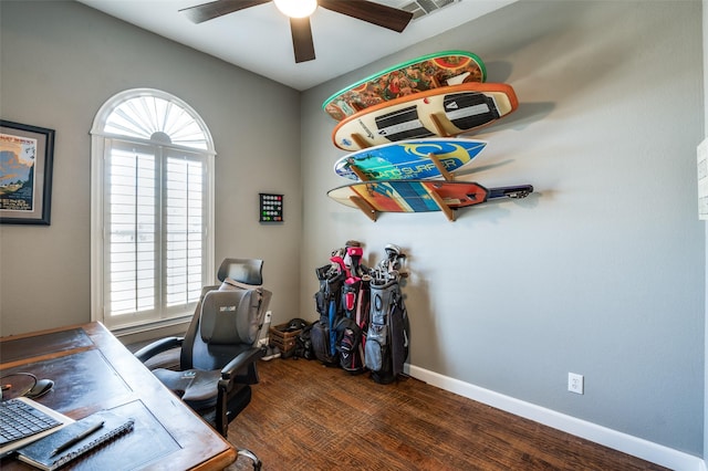 office area featuring dark wood-style floors, visible vents, ceiling fan, and baseboards