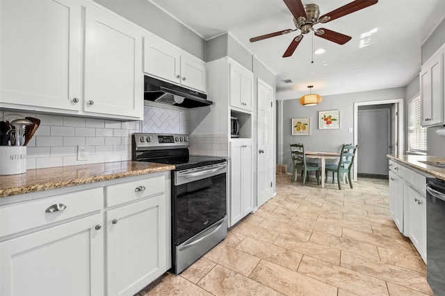 kitchen featuring ceiling fan, decorative backsplash, stainless steel appliances, white cabinets, and under cabinet range hood