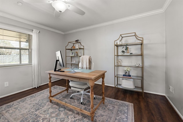 office area featuring ceiling fan, crown molding, baseboards, and wood finished floors