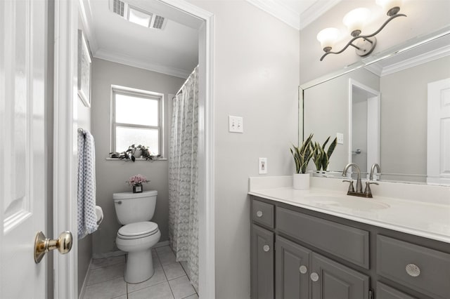 full bath with tile patterned floors, visible vents, toilet, ornamental molding, and vanity