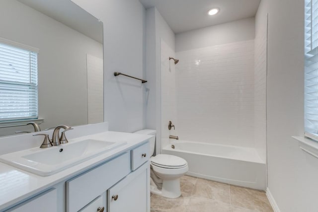 full bath with vanity, tile patterned floors, toilet, and tub / shower combination