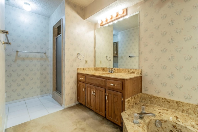 full bath featuring tile patterned floors, a shower stall, and wallpapered walls