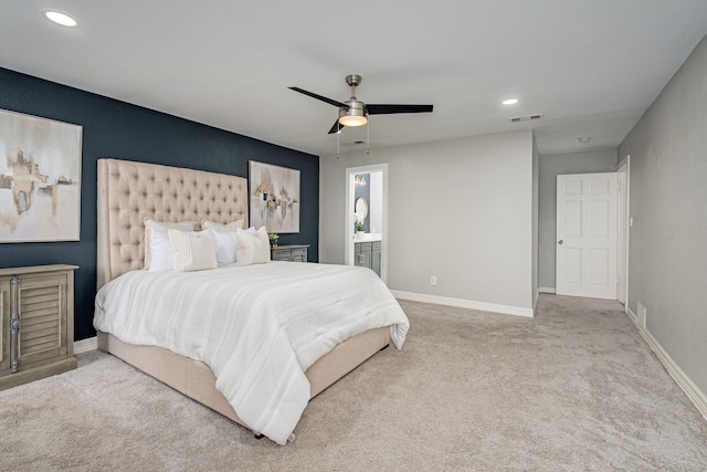 bedroom with recessed lighting, carpet, visible vents, and baseboards