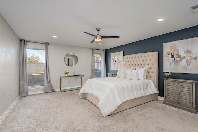 bedroom with visible vents, baseboards, carpet, ceiling fan, and recessed lighting