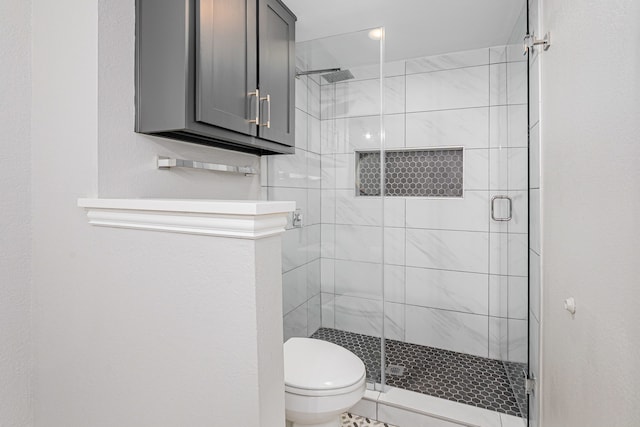 full bathroom featuring toilet and a shower stall